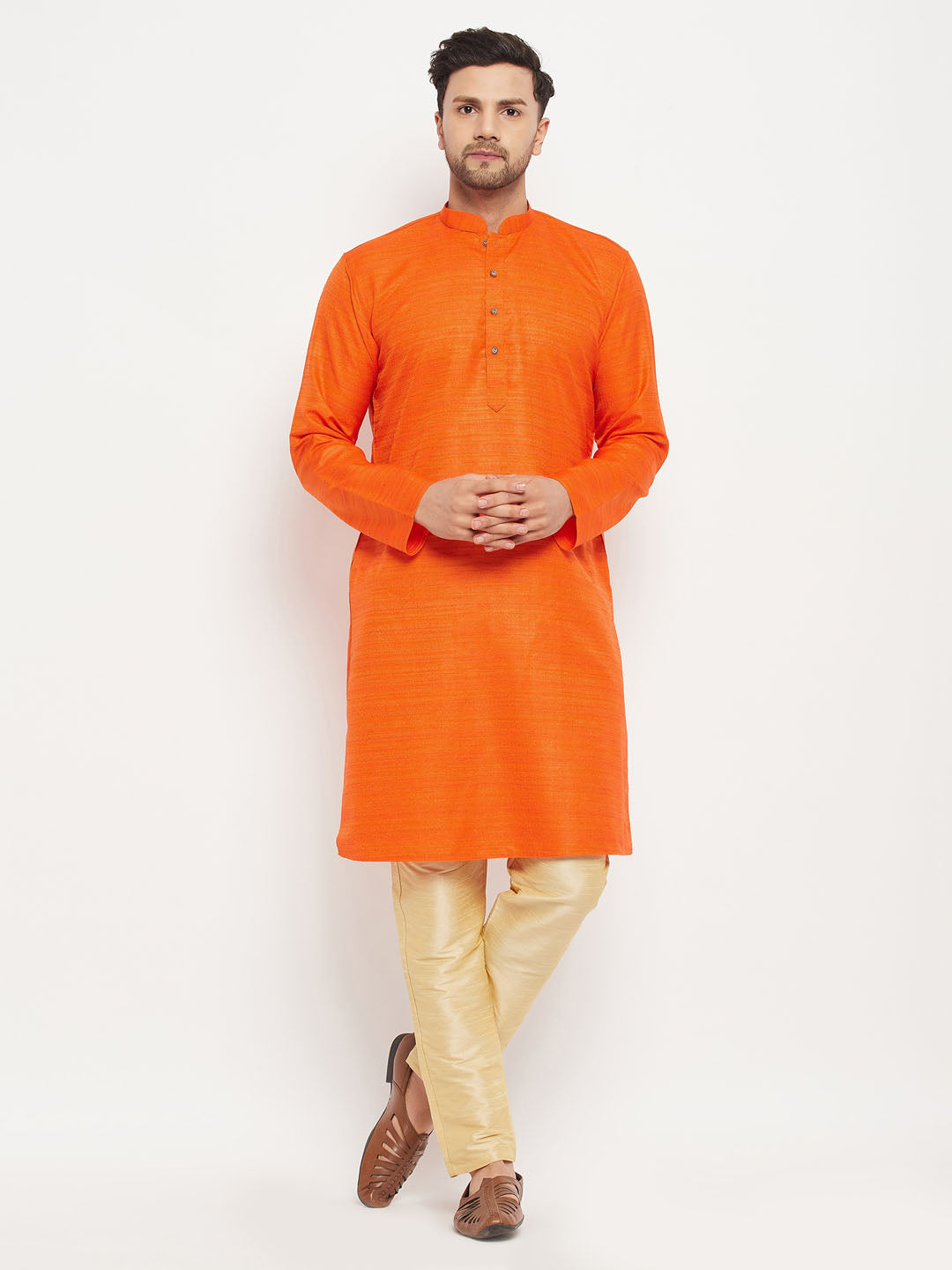 Men's Orange And Gold Silk Blend Kurta Pyjama Set