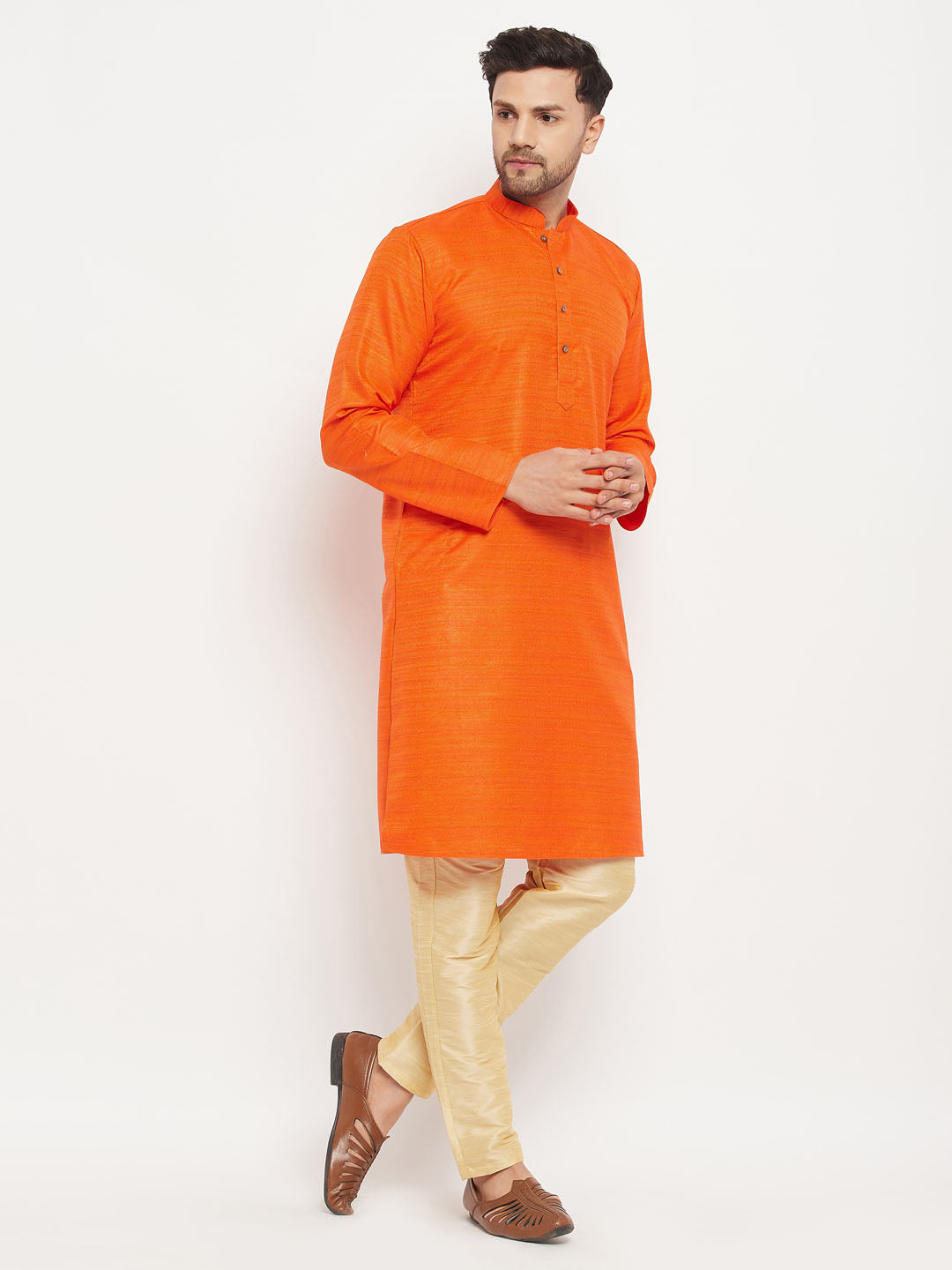 Men's Orange And Gold Silk Blend Kurta Pyjama Set