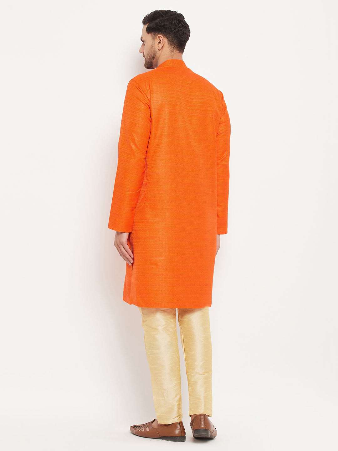 Men's Orange And Gold Silk Blend Kurta Pyjama Set