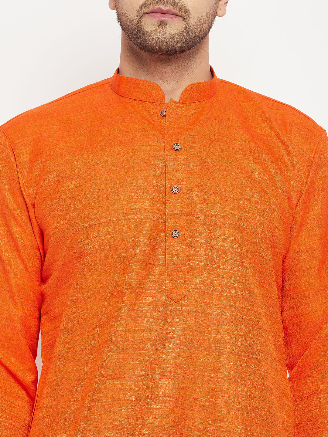 Men's Orange And Gold Silk Blend Kurta Pyjama Set