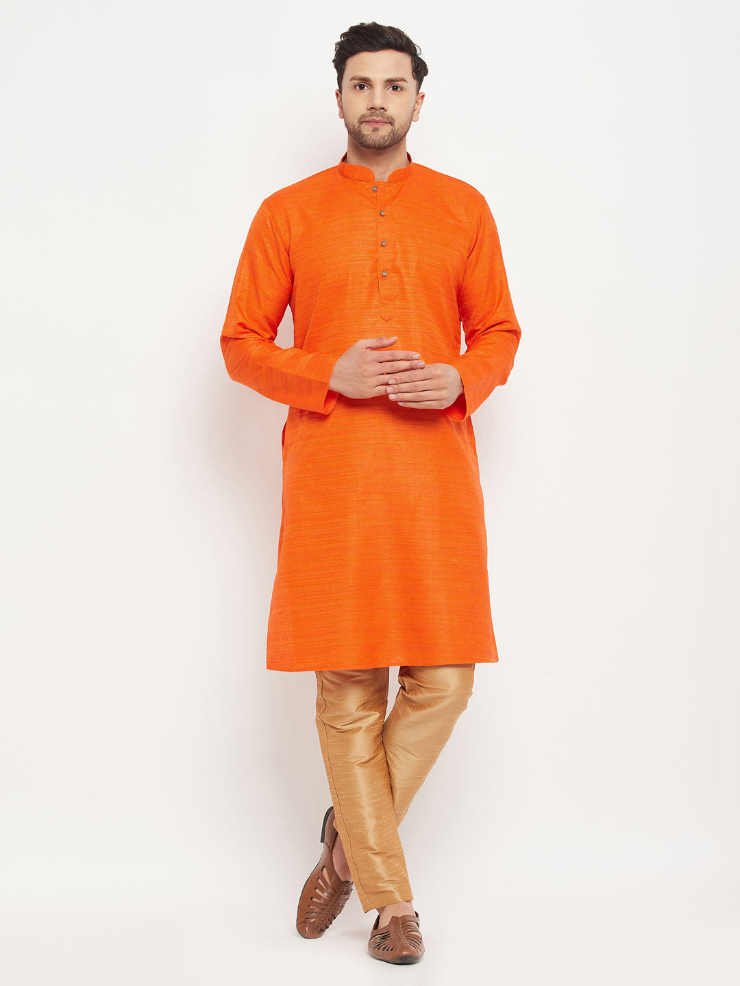 Men's Orange And Rose Gold Silk Blend Kurta Pyjama Set