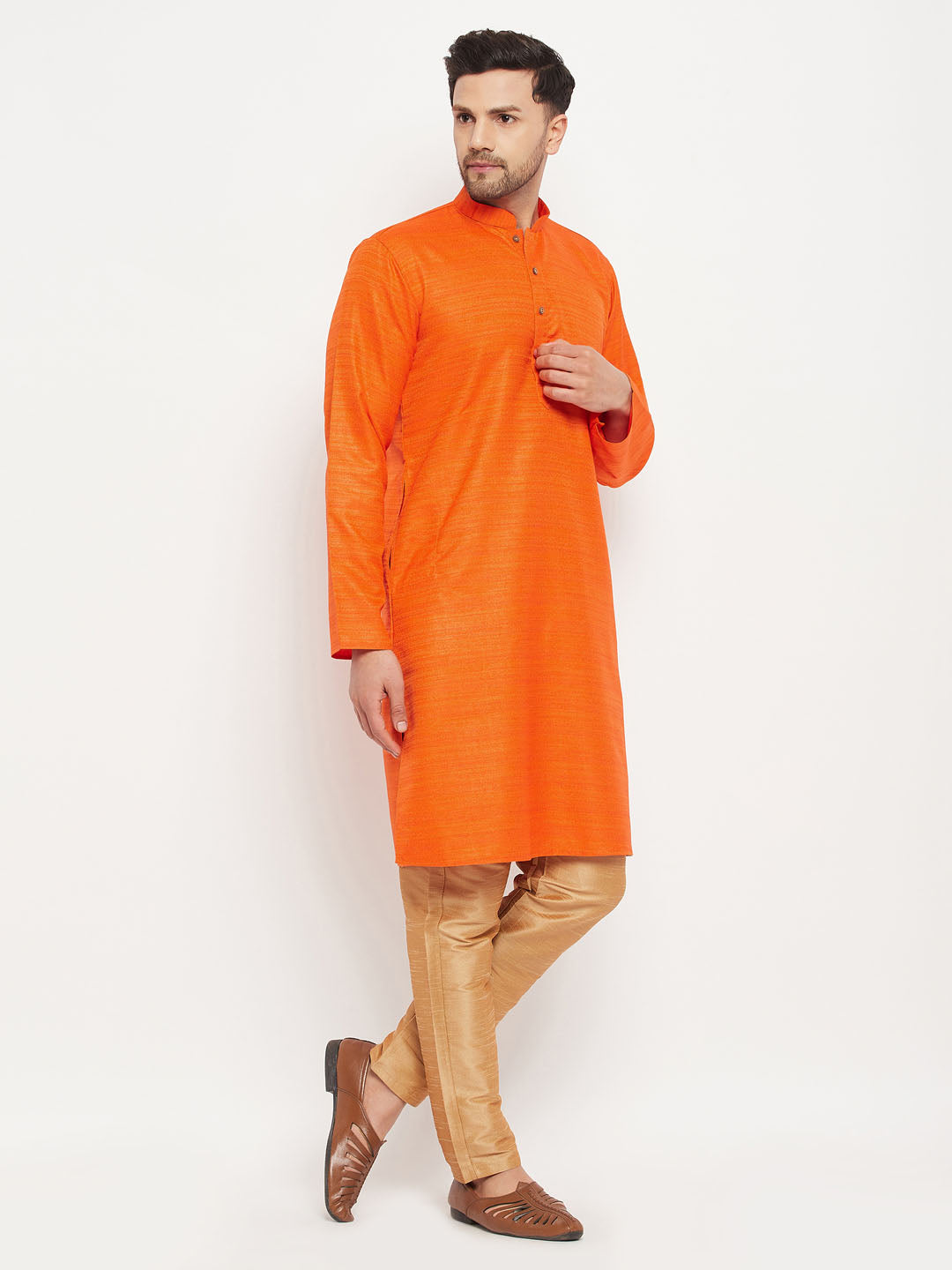 Men's Orange And Rose Gold Silk Blend Kurta Pyjama Set