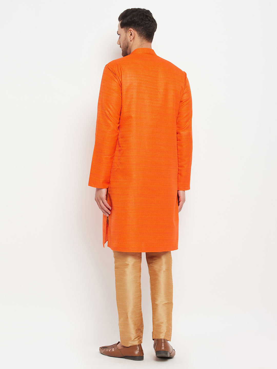 Men's Orange And Rose Gold Silk Blend Kurta Pyjama Set