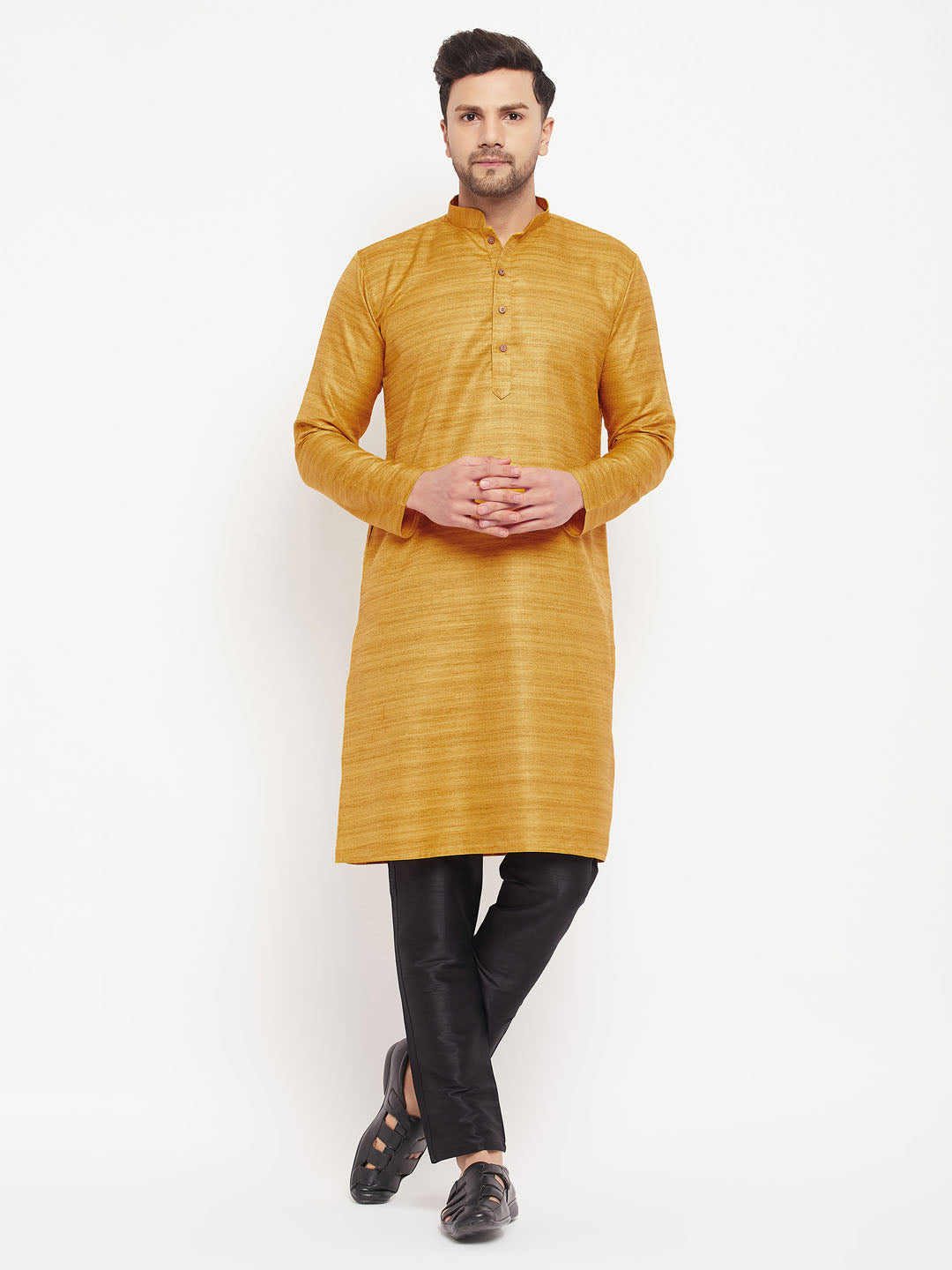 Men's Yellow And Black Silk Blend Kurta Pyjama Set