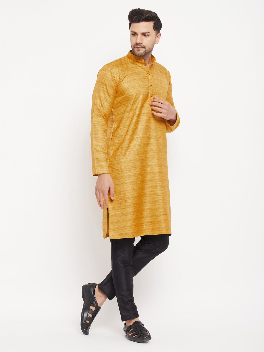 Men's Yellow And Black Silk Blend Kurta Pyjama Set