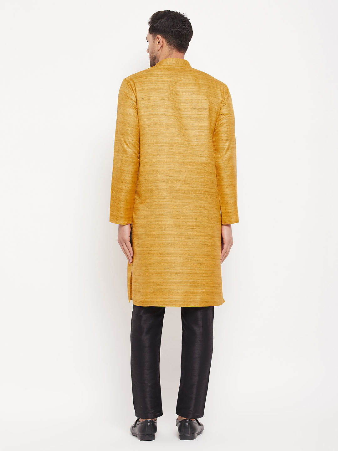 Men's Yellow And Black Silk Blend Kurta Pyjama Set