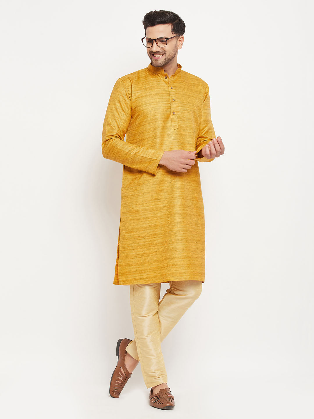 Men's Yellow And Gold Silk Blend Kurta Pyjama Set