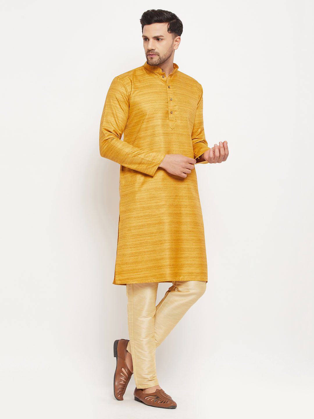 Men's Yellow And Gold Silk Blend Kurta Pyjama Set