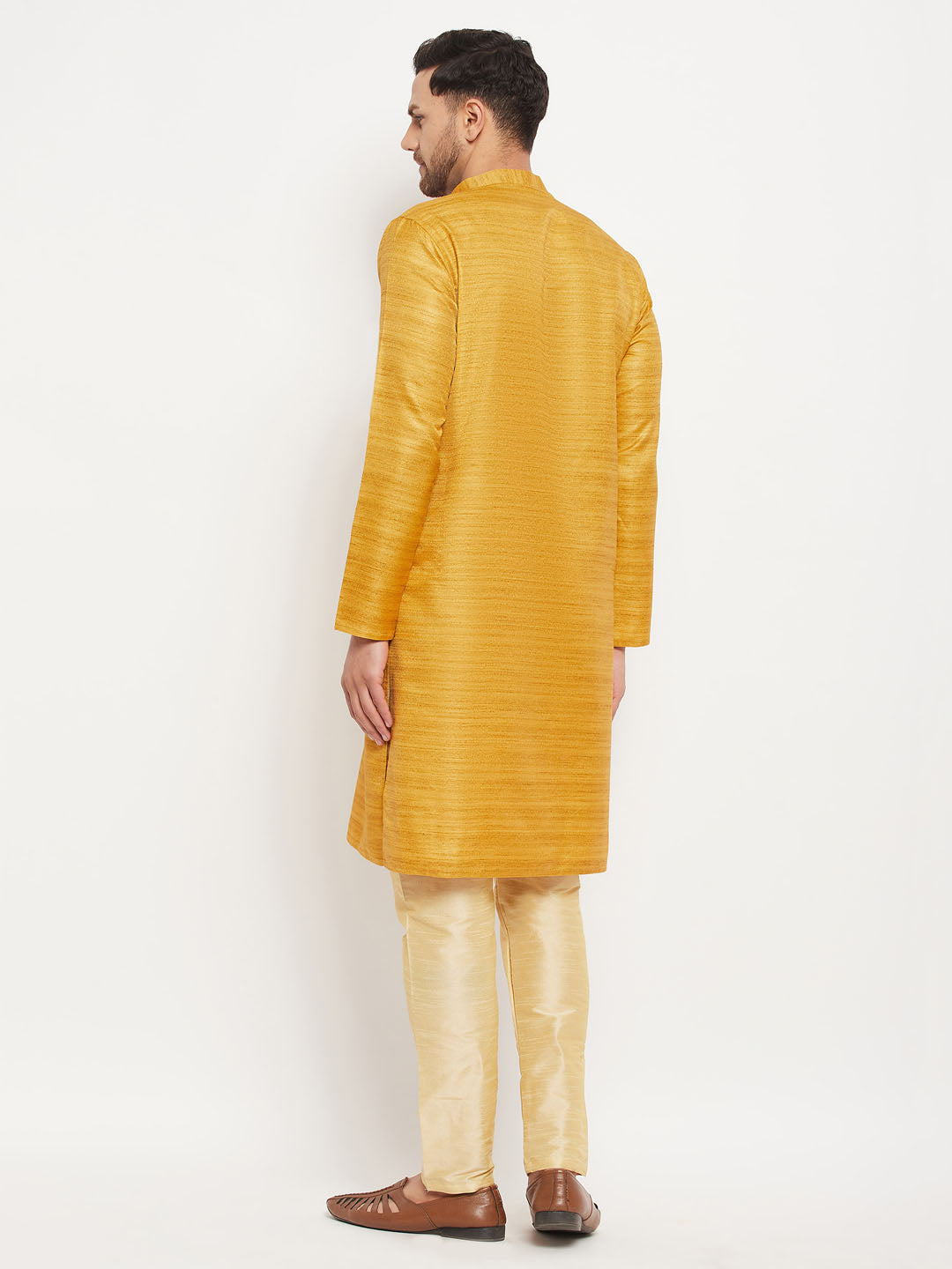 Men's Yellow And Gold Silk Blend Kurta Pyjama Set