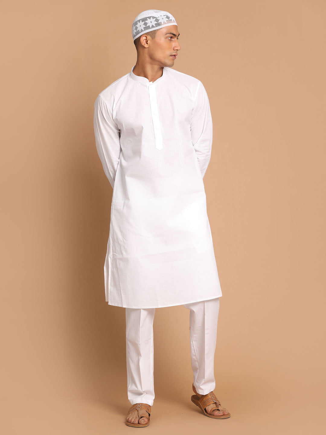 Men's White Cotton Blend Kurta Pyjama Set