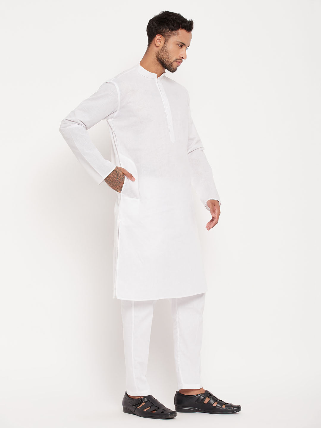 Men's White Cotton Kurta Pyjama Set