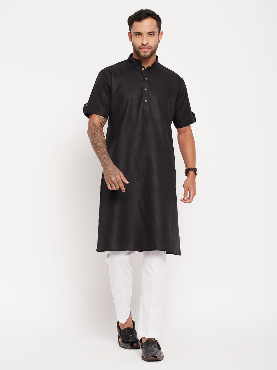 Men's Black And White Cotton Kurta Pyjama Set