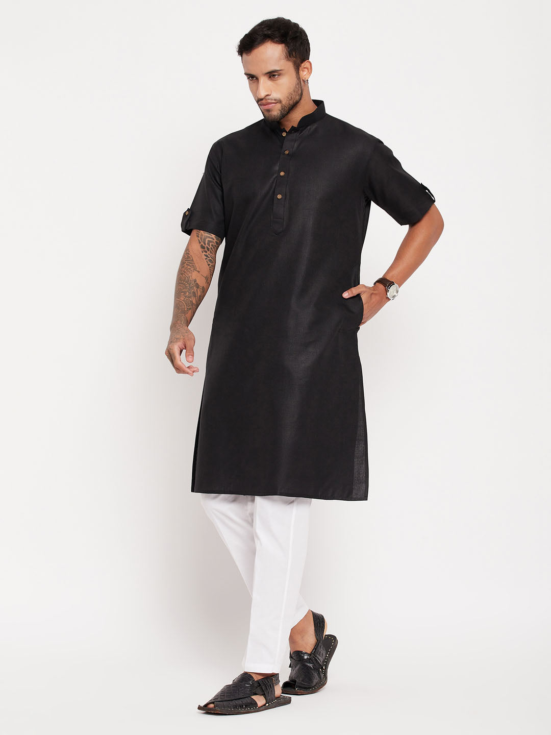 Men's Black And White Cotton Kurta Pyjama Set