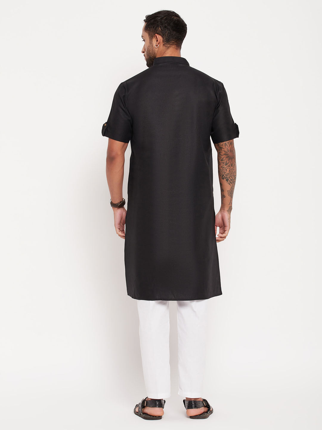 Men's Black And White Cotton Kurta Pyjama Set