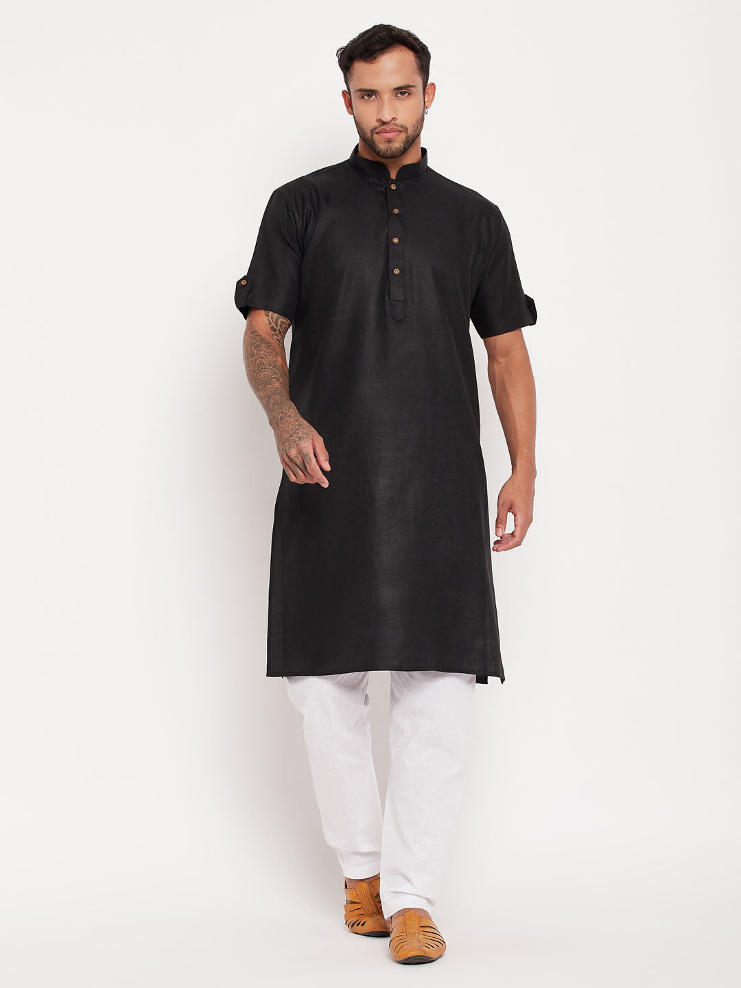 Men's Black And White Cotton Kurta Pyjama Set