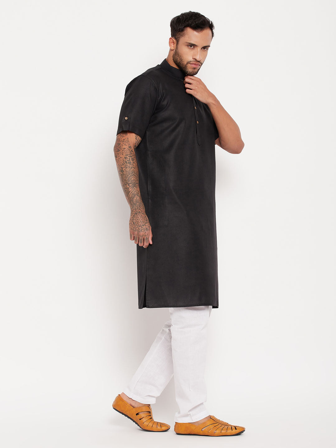 Men's Black And White Cotton Kurta Pyjama Set