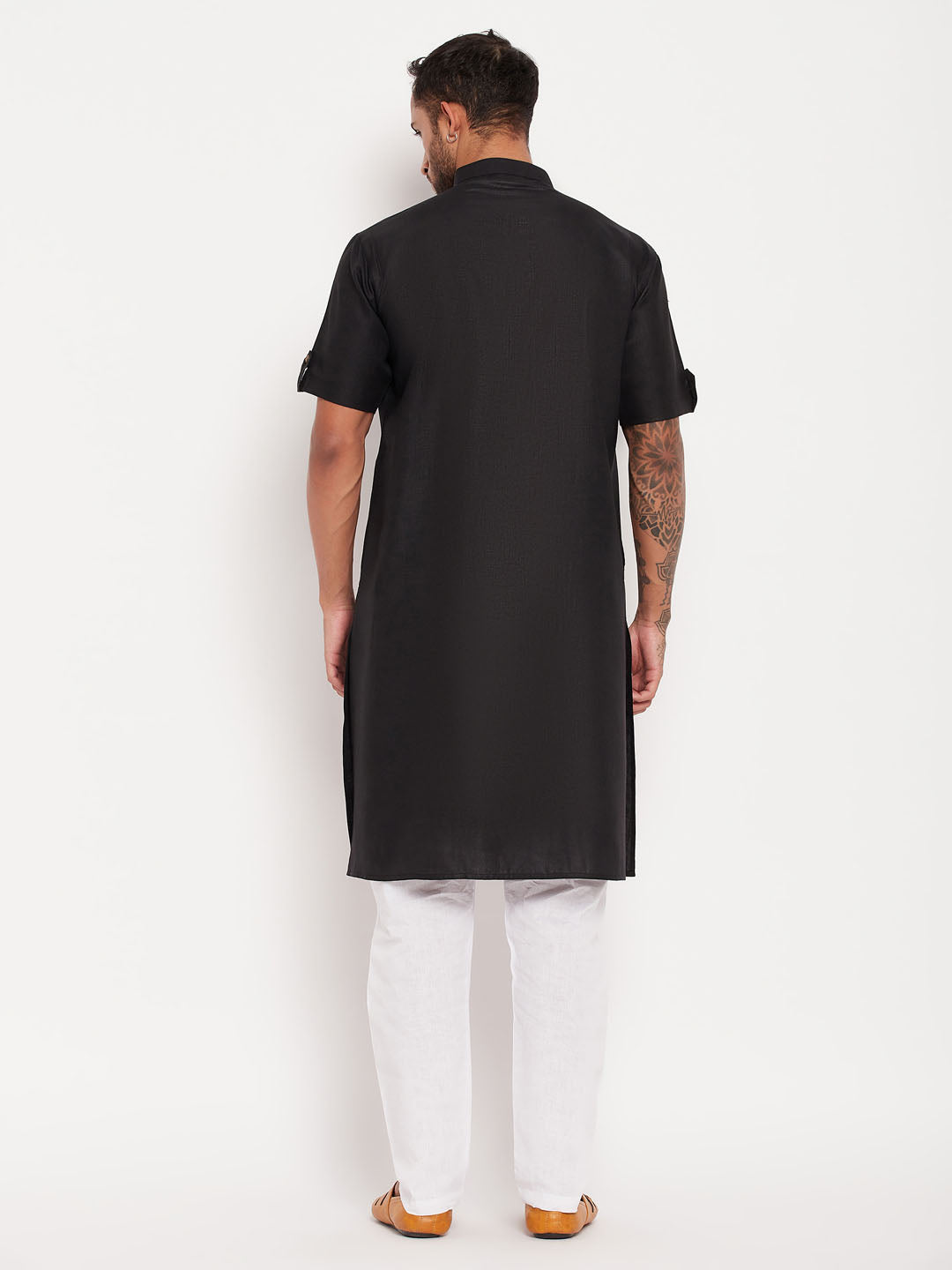 Men's Black And White Cotton Kurta Pyjama Set