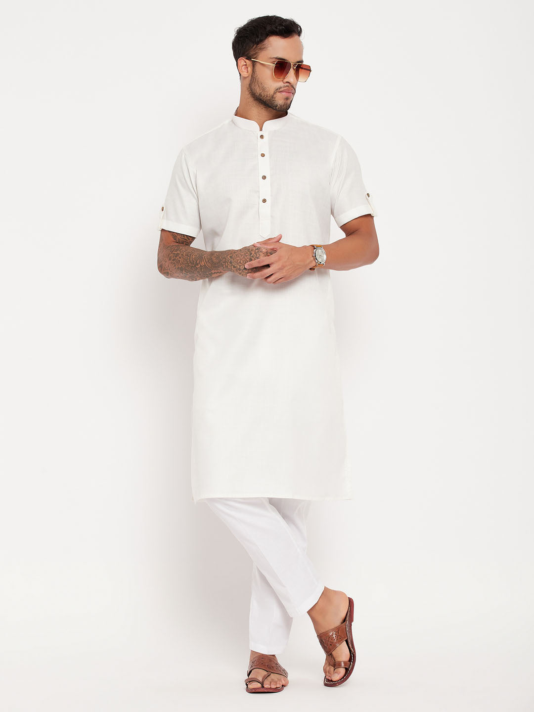 Men's Cream And White Cotton Kurta Pyjama Set