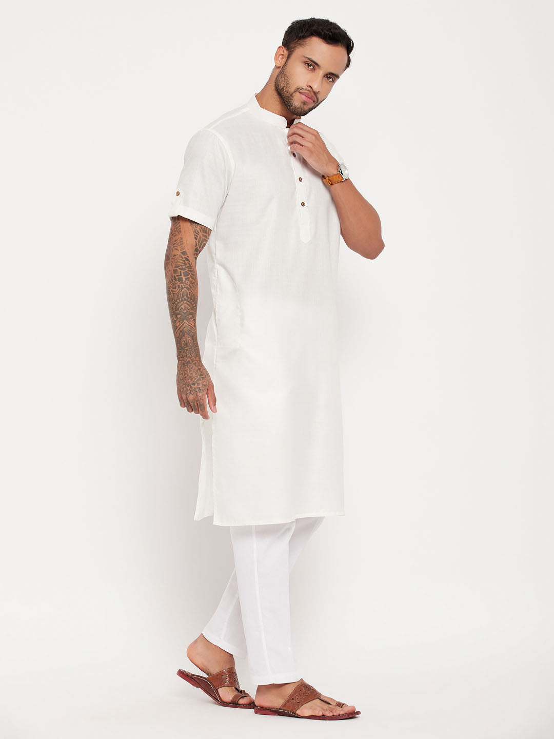 Men's Cream And White Cotton Kurta Pyjama Set