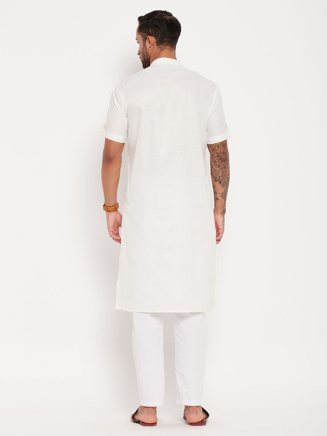 Men's Cream And White Cotton Kurta Pyjama Set