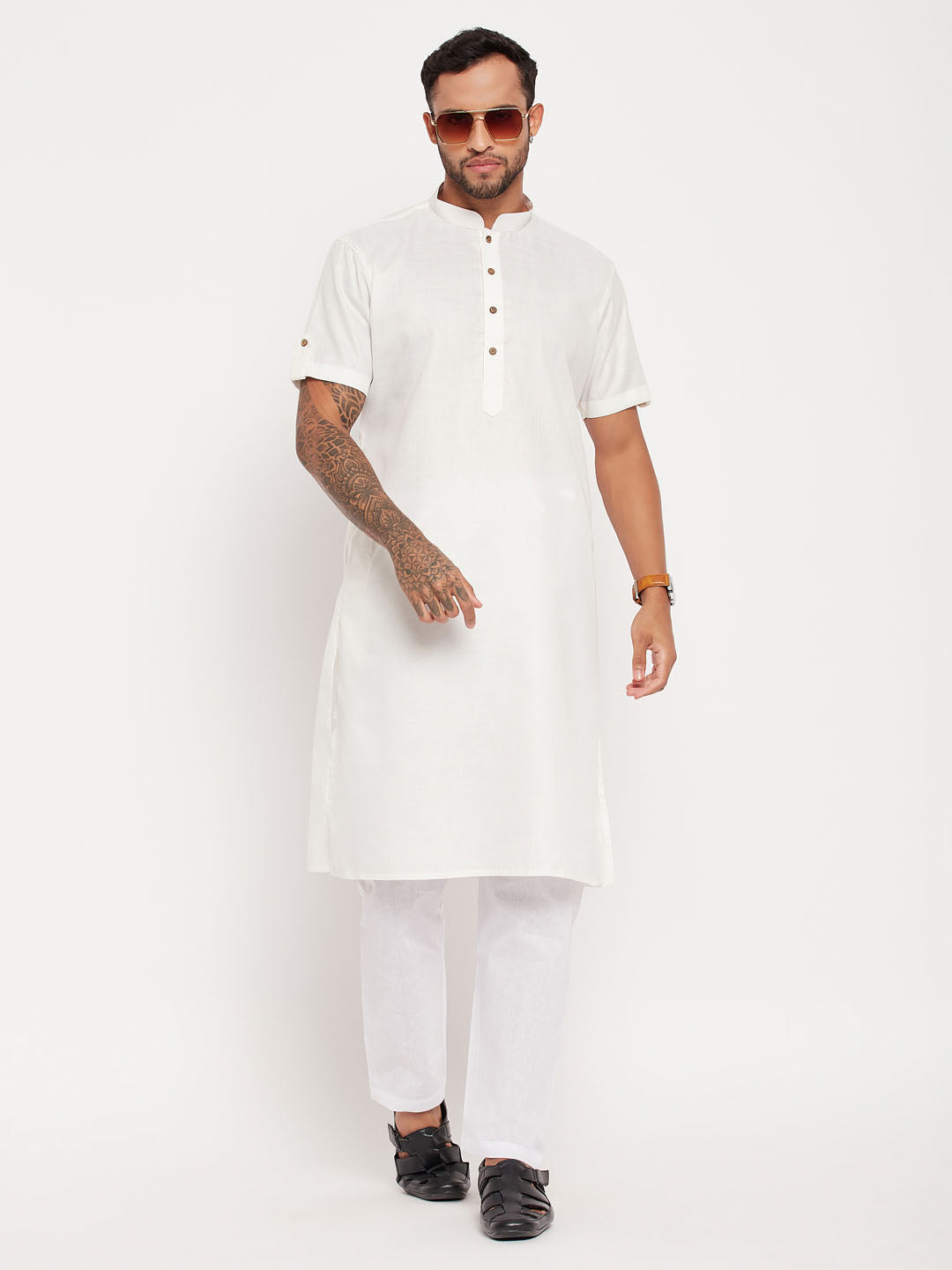 Men's Cream And White Cotton Kurta Pyjama Set