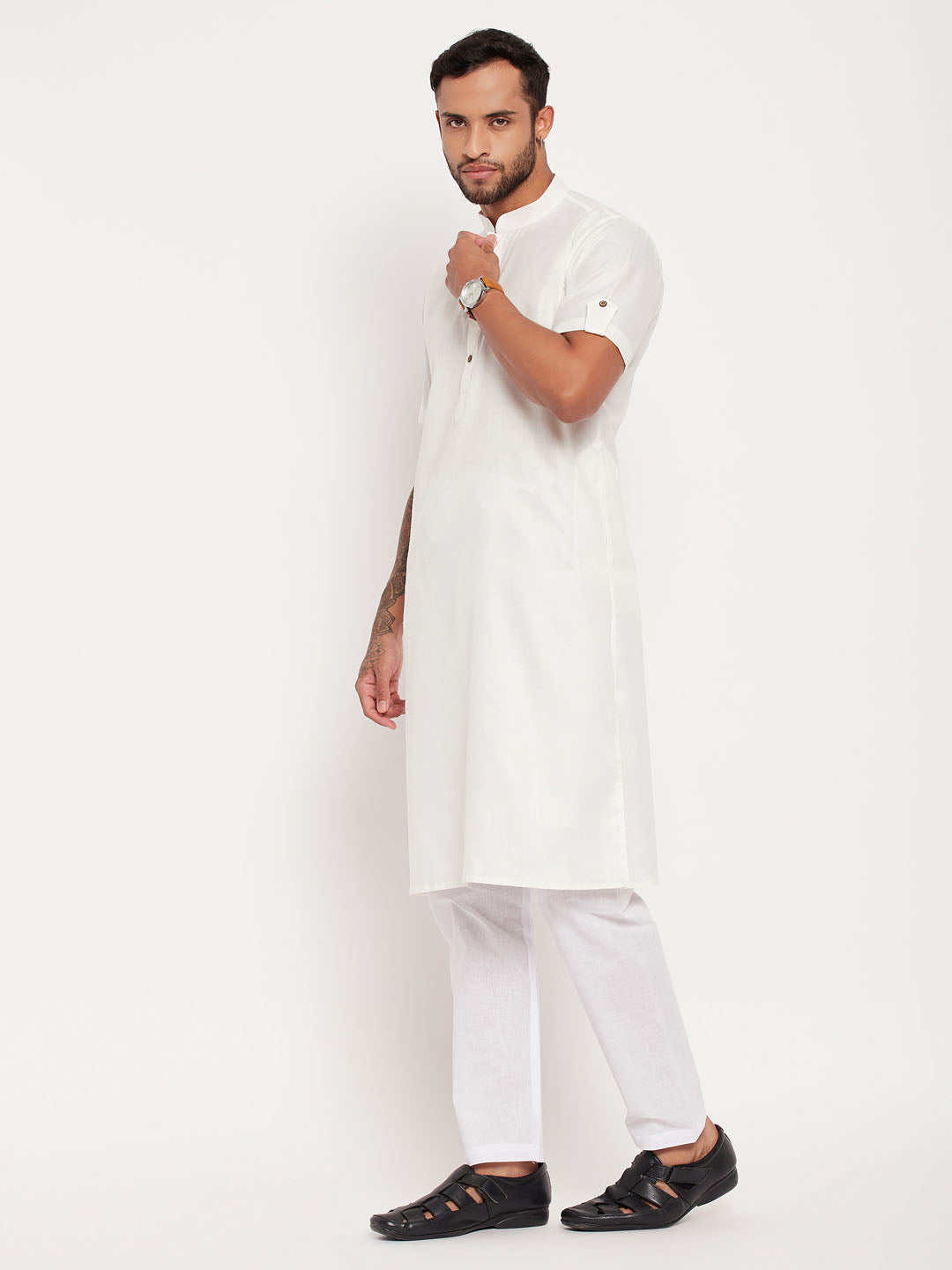 Men's Cream And White Cotton Kurta Pyjama Set