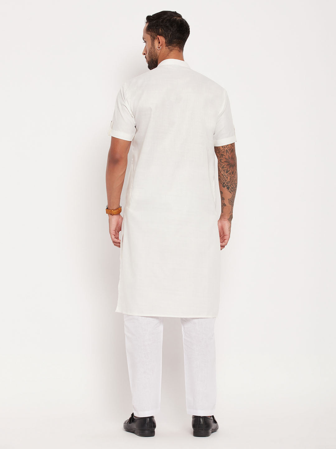 Men's Cream And White Cotton Kurta Pyjama Set