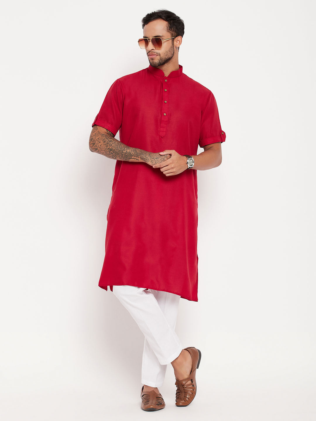 Men's Maroon And White Cotton Kurta Pyjama Set