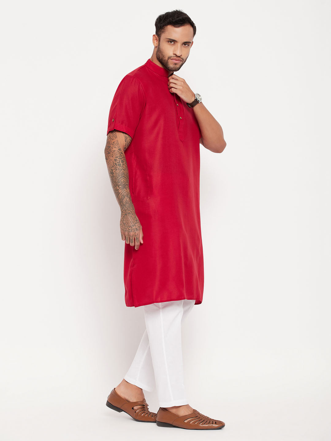 Men's Maroon And White Cotton Kurta Pyjama Set