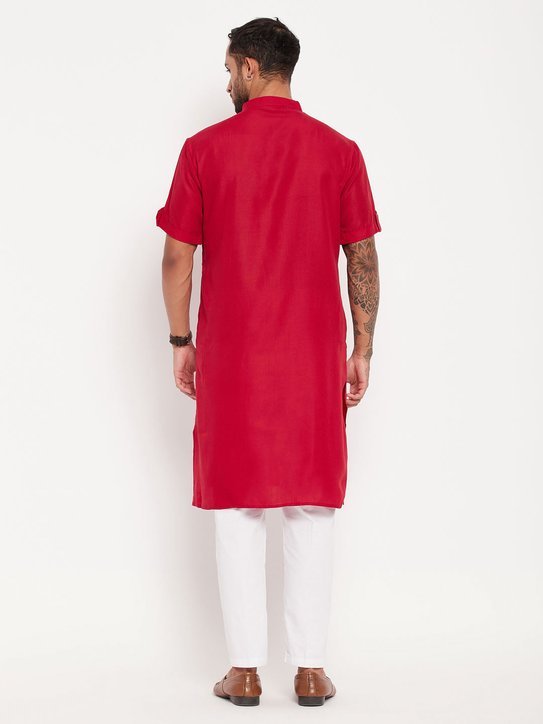 Men's Maroon And White Cotton Kurta Pyjama Set