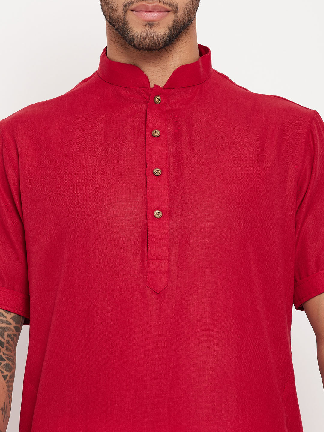 Men's Maroon And White Cotton Kurta Pyjama Set