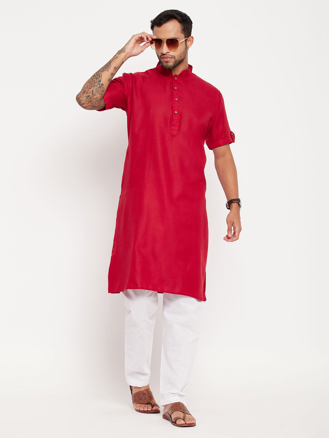 Men's Maroon And White Cotton Kurta Pyjama Set