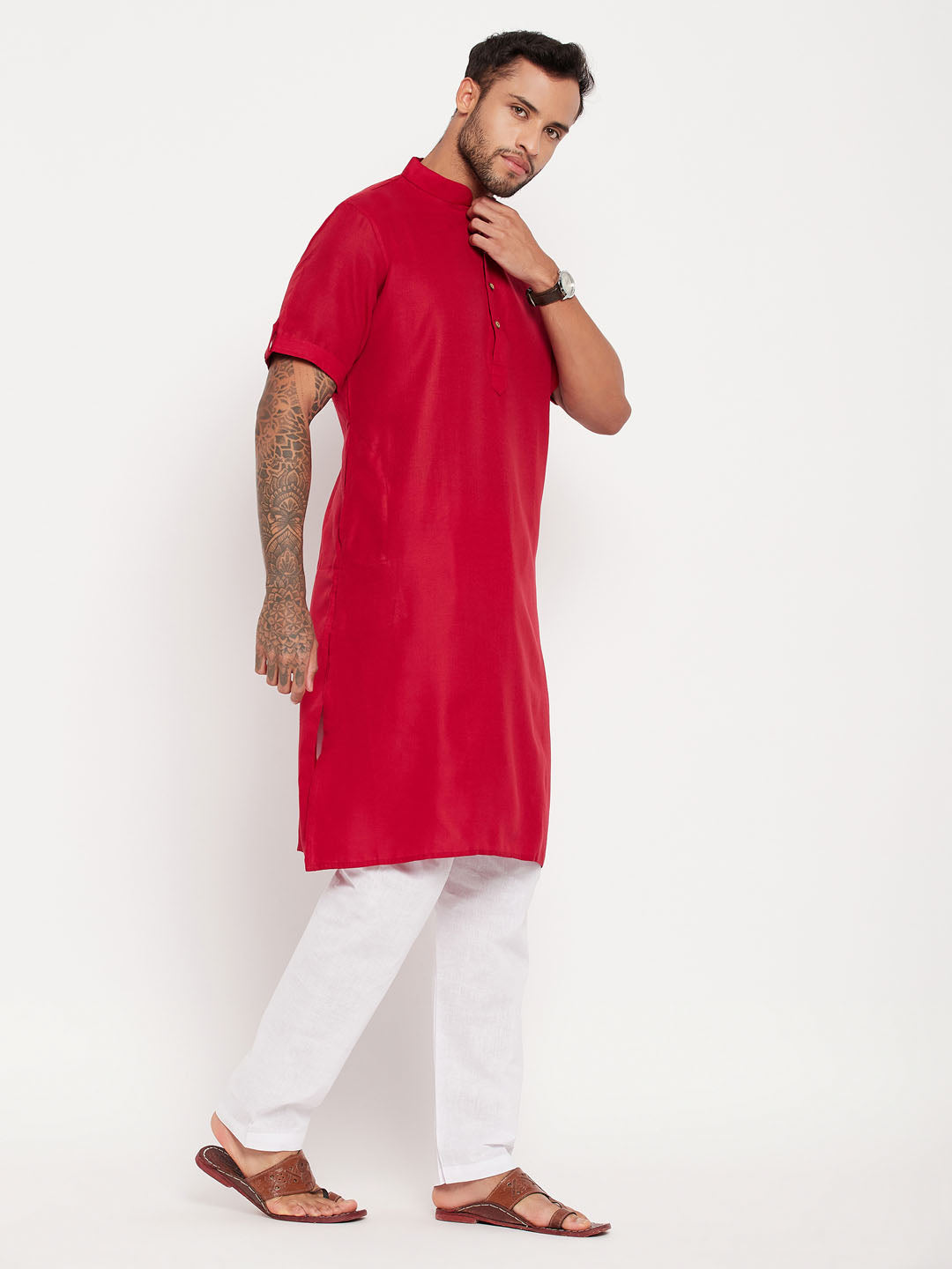 Men's Maroon And White Cotton Kurta Pyjama Set