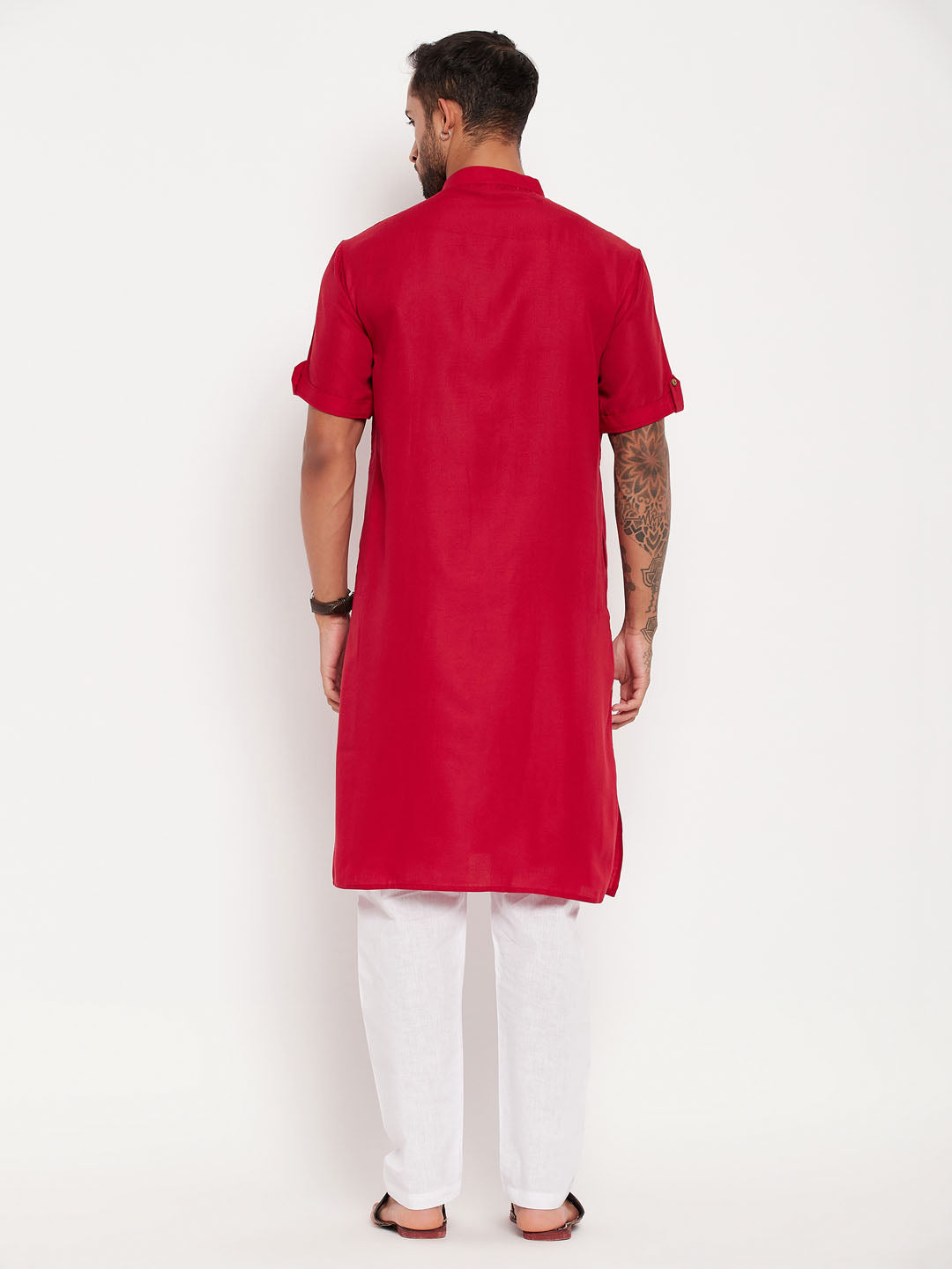 Men's Maroon And White Cotton Kurta Pyjama Set