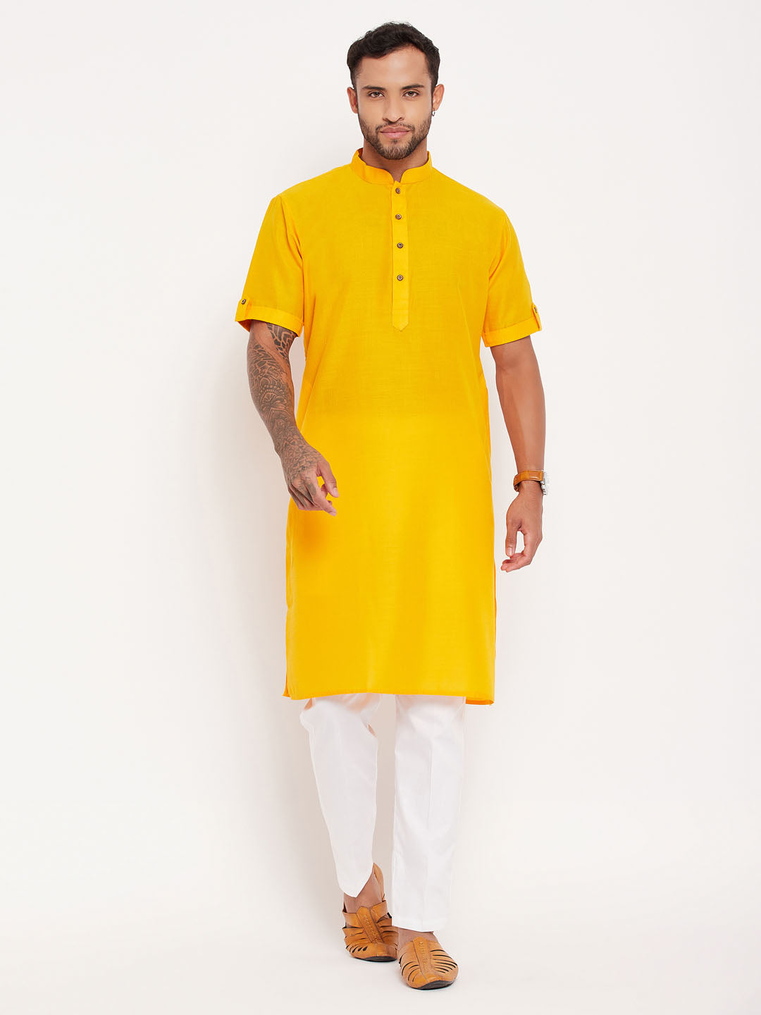 Men's Mustard And White Cotton Kurta Pyjama Set