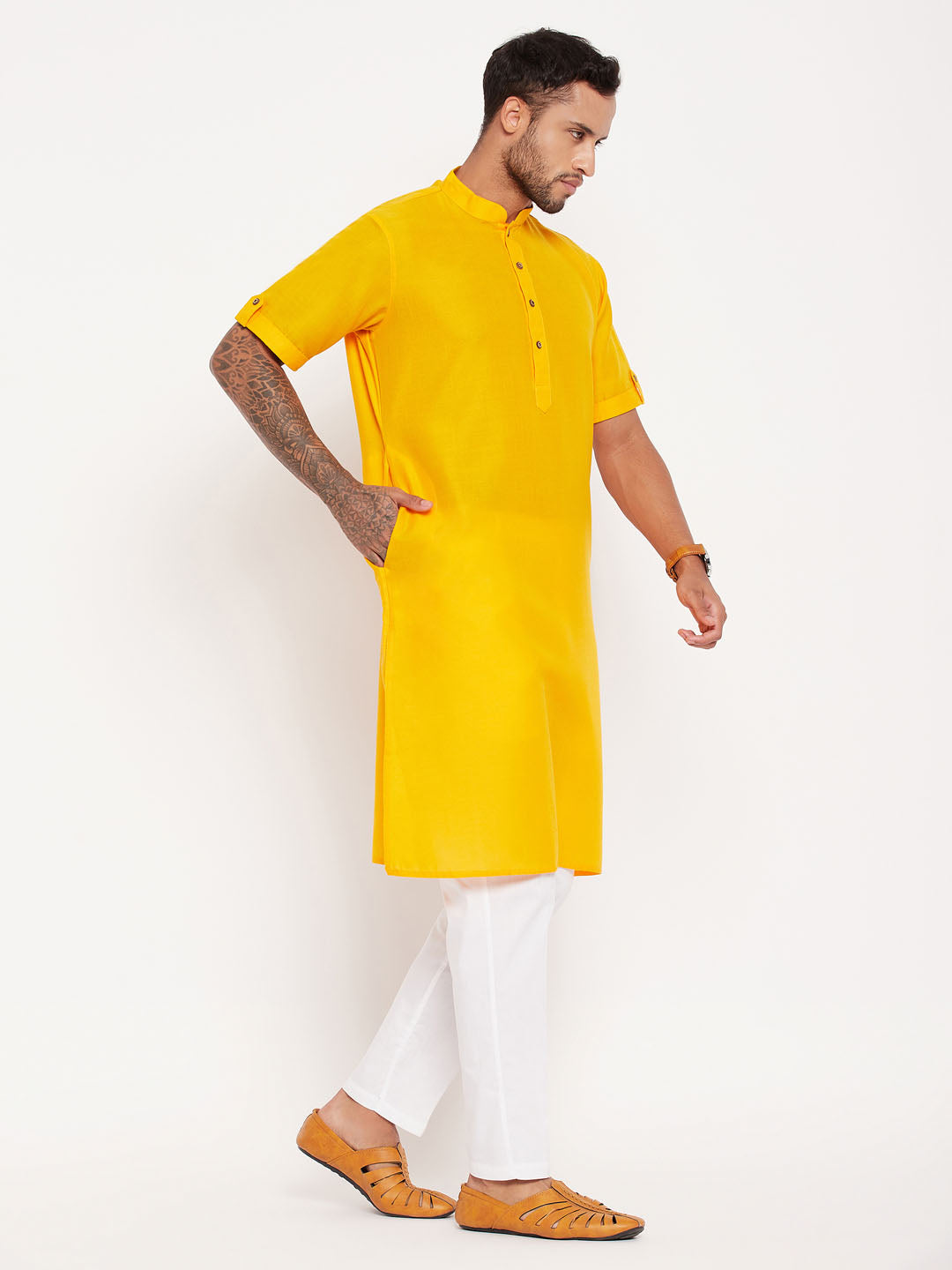 Men's Mustard And White Cotton Kurta Pyjama Set