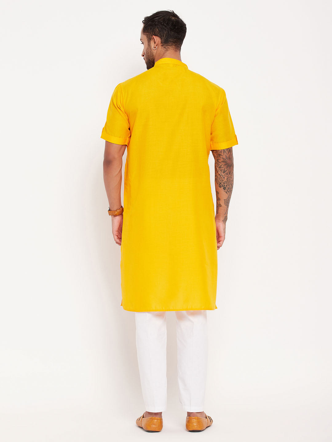 Men's Mustard And White Cotton Kurta Pyjama Set