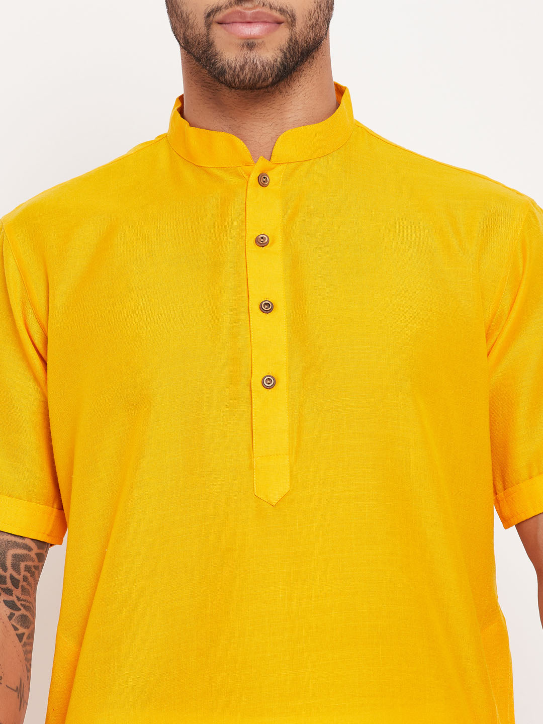 Men's Mustard And White Cotton Kurta Pyjama Set