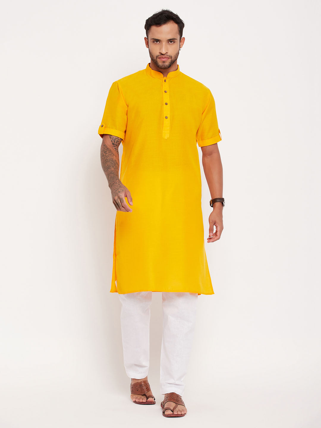 Men's Mustard And White Cotton Kurta Pyjama Set