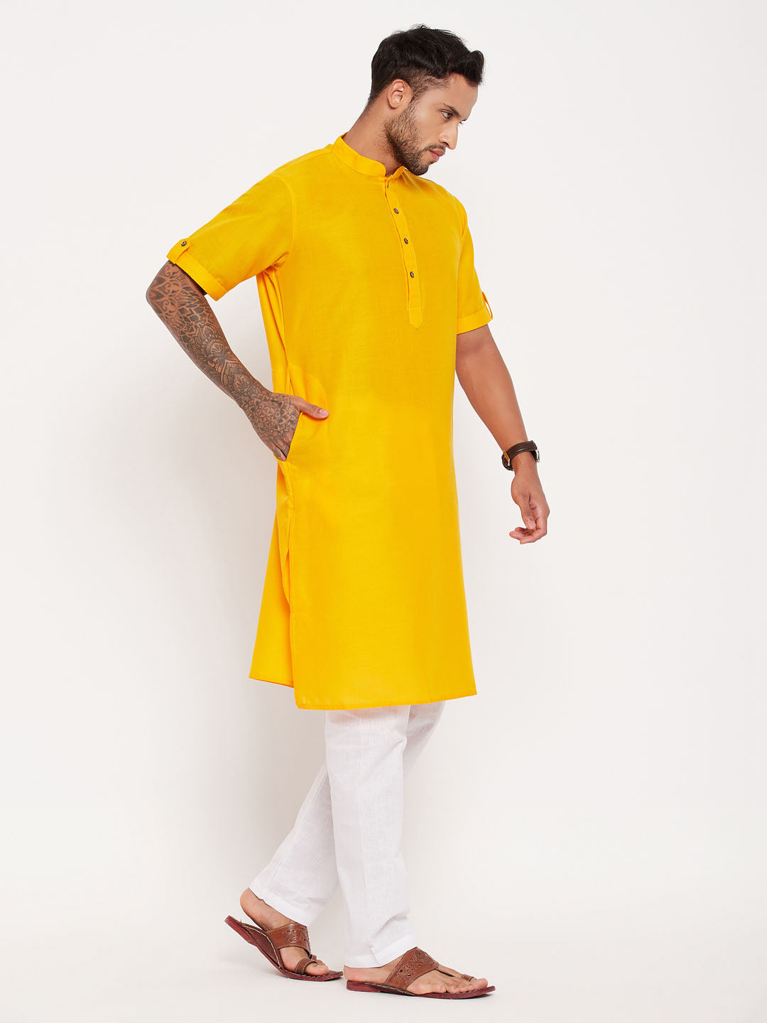 Men's Mustard And White Cotton Kurta Pyjama Set