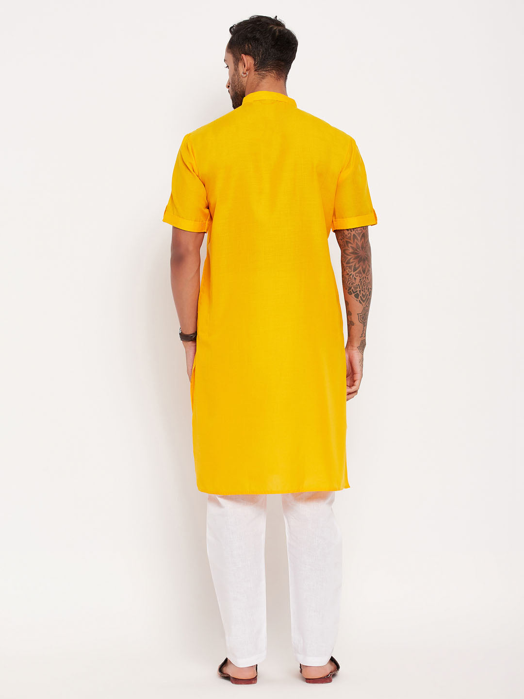 Men's Mustard And White Cotton Kurta Pyjama Set