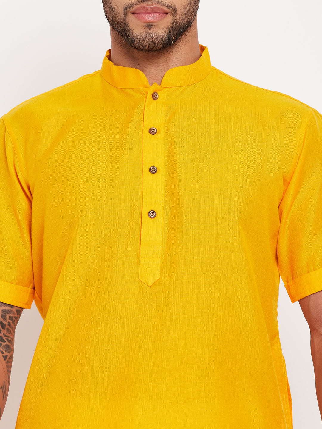 Men's Mustard And White Cotton Kurta Pyjama Set