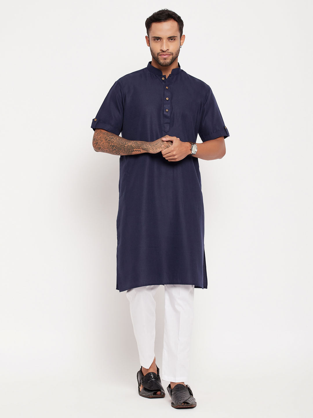 Men's Navy Blue And White Cotton Kurta Pyjama Set