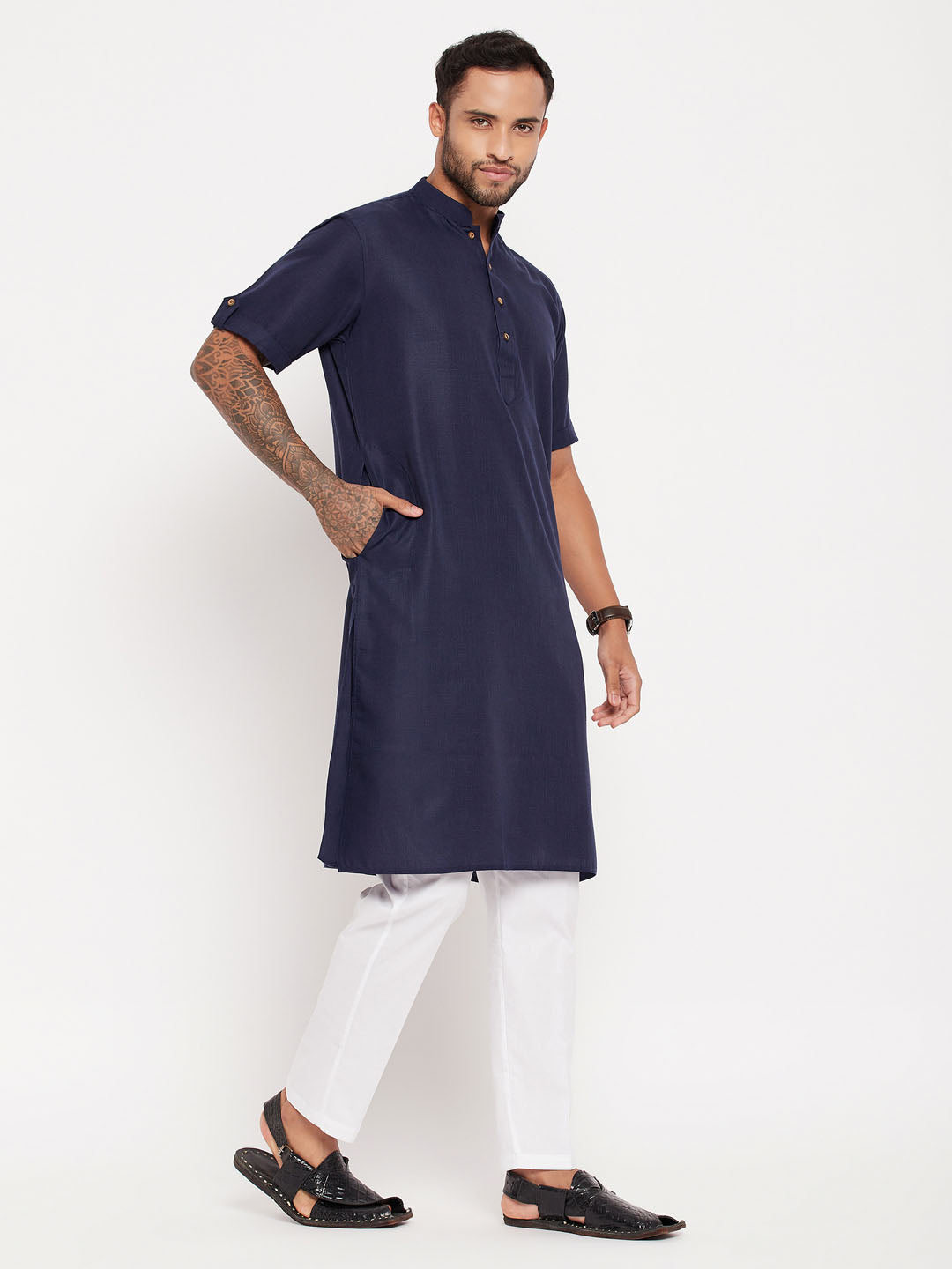 Men's Navy Blue And White Cotton Kurta Pyjama Set