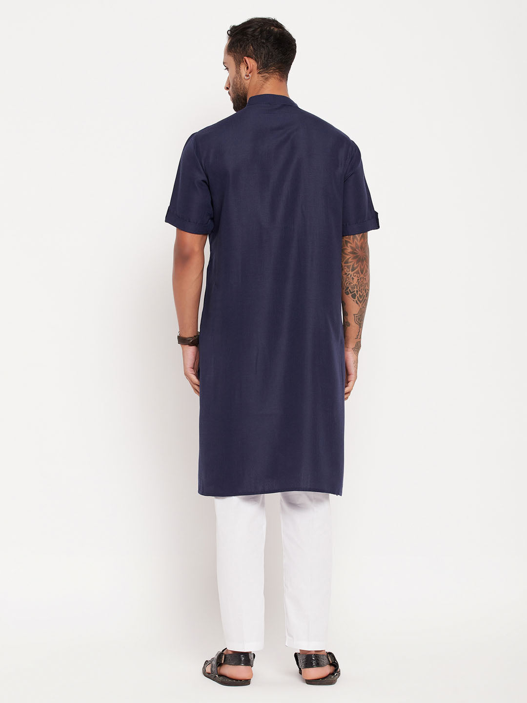 Men's Navy Blue And White Cotton Kurta Pyjama Set