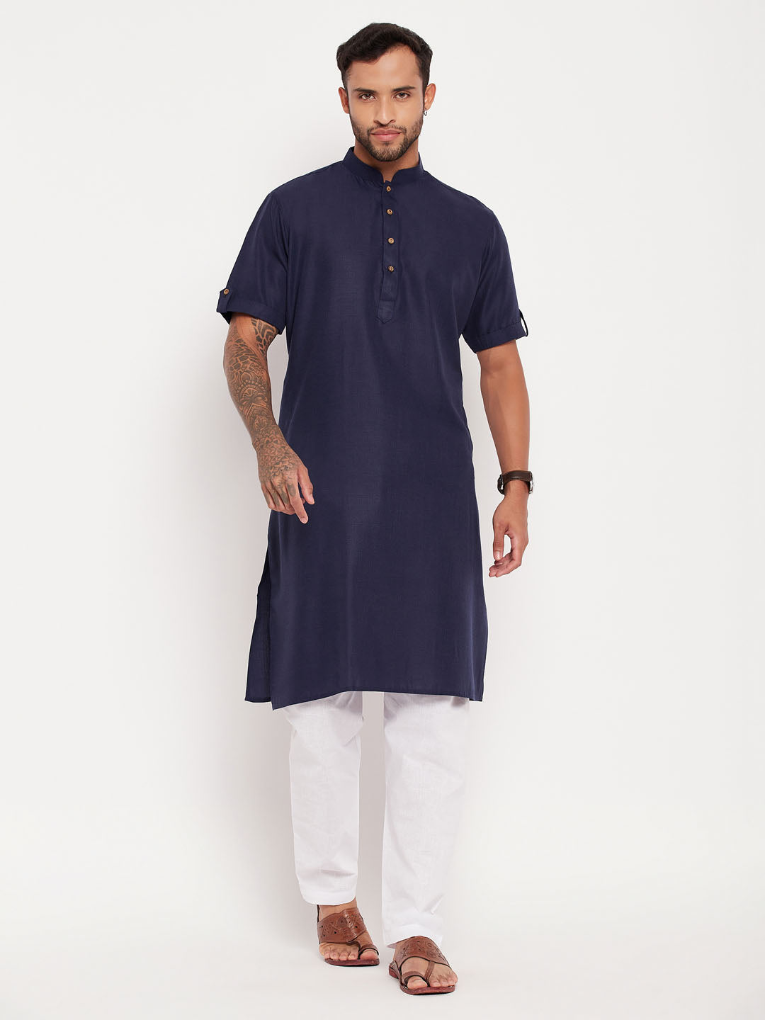 Men's Navy Blue And White Cotton Kurta Pyjama Set