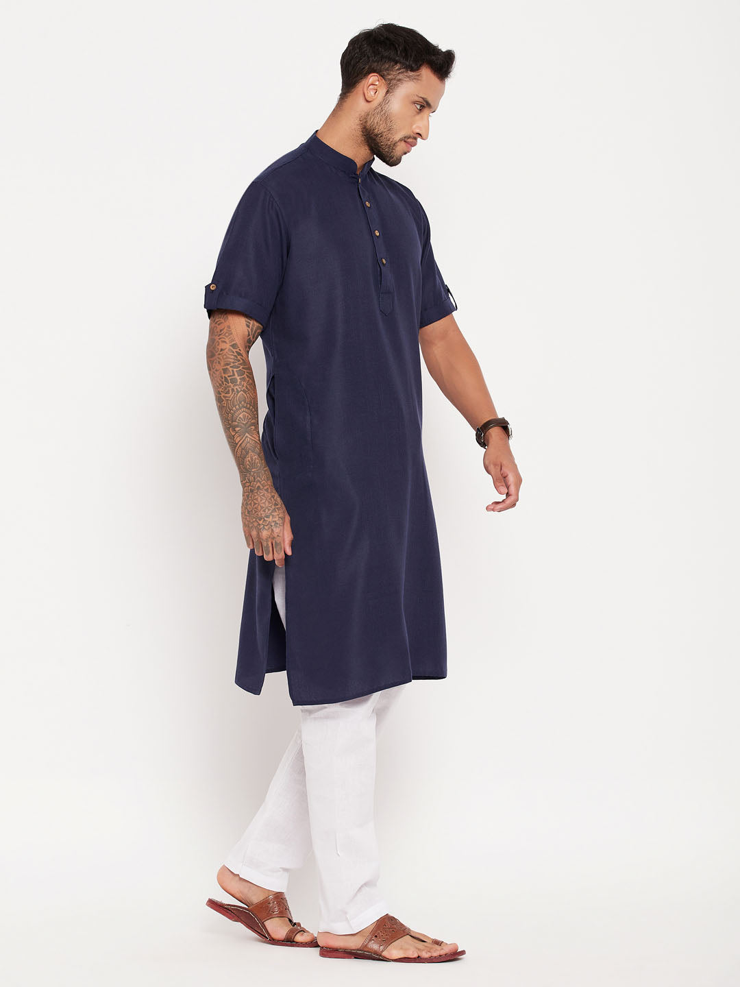 Men's Navy Blue And White Cotton Kurta Pyjama Set