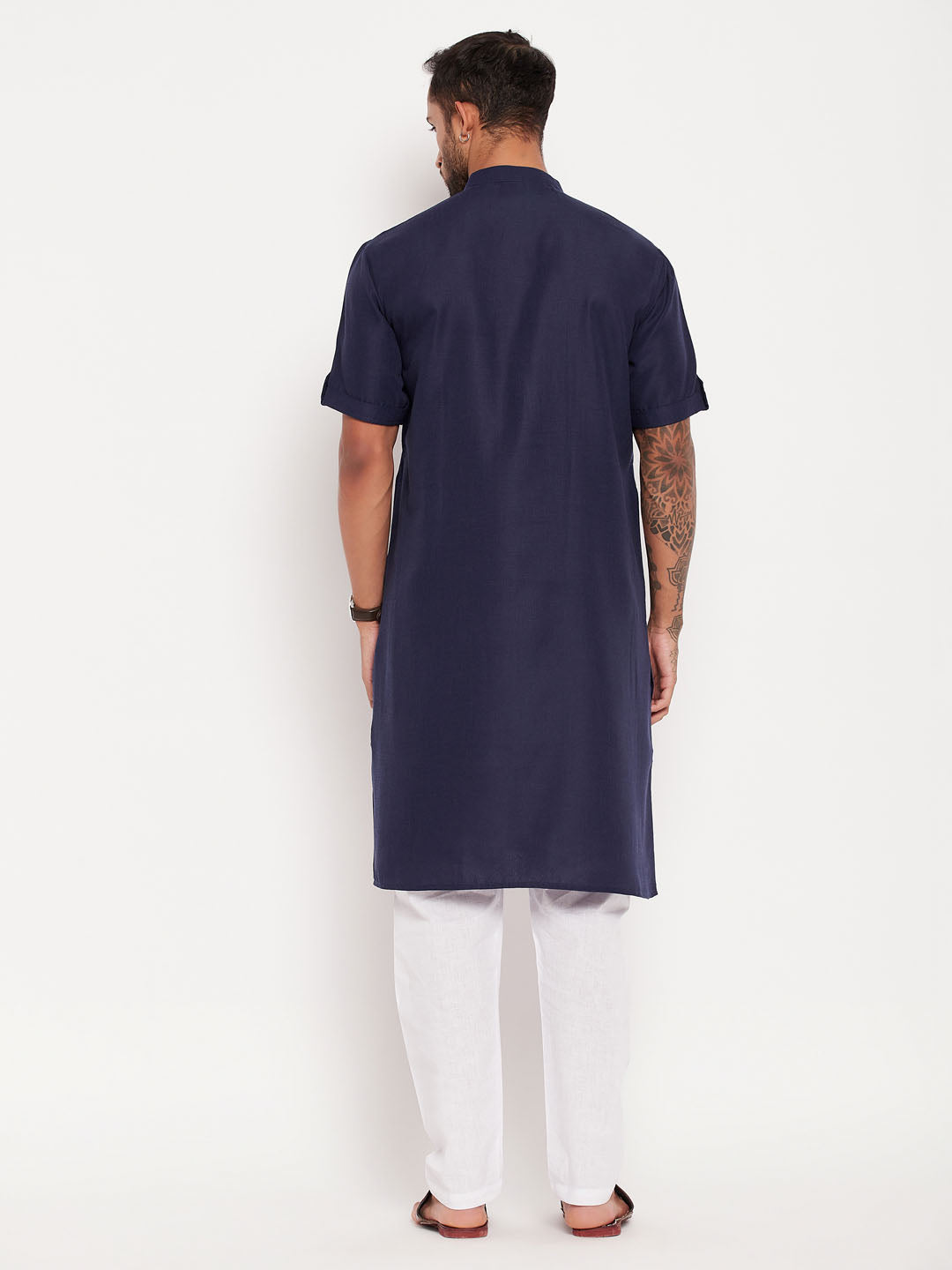 Men's Navy Blue And White Cotton Kurta Pyjama Set