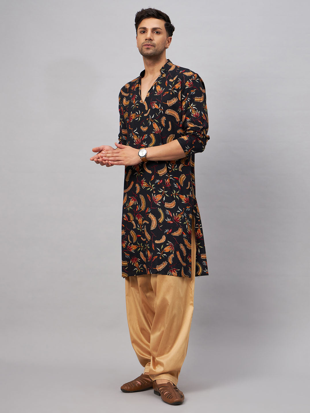 Men's Black And Rose Gold Rayon Kurta and Patiala Set