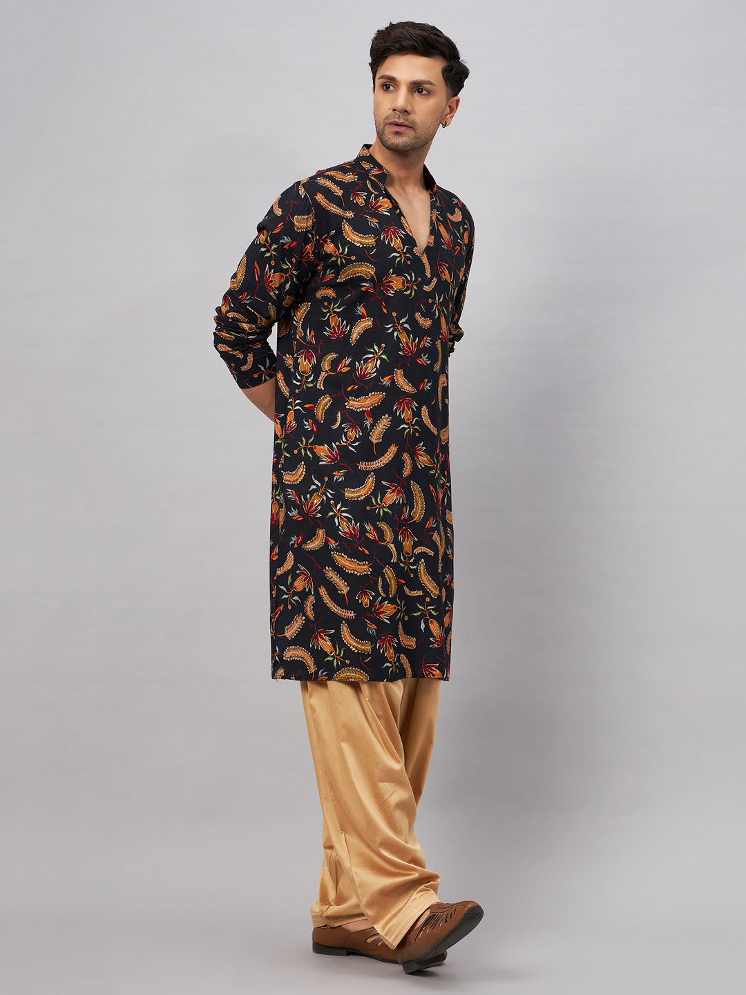 Men's Black And Rose Gold Rayon Kurta and Patiala Set